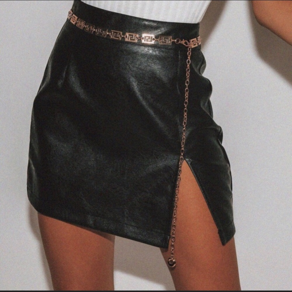 Black Faux Leather Mini Skirt with Slit